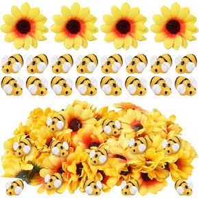 واي زد زد اس جيه سي 50 قطعة ديكور نحل صغير من الراتنج مع 50 قطعة من رؤوس عباد الشمس الصفراء من الحرير الصناعي، على شكل نحلة طنانة، قماش مزخرف بالزهور وعباد الشمس، مواد ديكور يمكنك صنعها بنفسك للحديقة in Kuwait