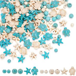 arricraft about 227 Pcs Ocean Sea Theme Turquoise Beads, 3 Styles 2 Colors Assorted Turtle & Starfish & Round Beads Dyed Animal Stone Strand Beads Charms for Earrings Necklace Making