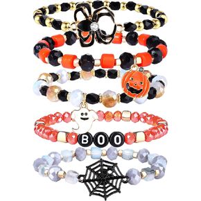 Halloween Beaded Bracelets Pumpkin Spider Ghost Charms Bracelets BOO Happy Halloween Stretch Bracelets Set Holiday Gift