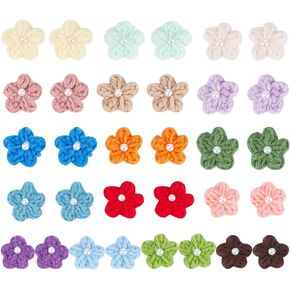 FINGERINSPIRE 32PCS Crocheted Flower Appliques 16 Colors DIY Sewing Appliques Embellishments with Small Pearls Crochet Floral Applique Handmade Crocheted Embellishments for Clothes Dress Hats Bags