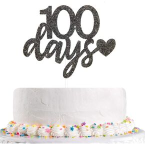 Black Glitter 100 Days Cake Topper, Baby 100 Days Birthday Cake Topper, Half Year Birthday Anniversary Baby Shower Party Decoration Supplies