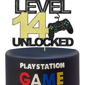 level 12 unlocked cake topper official teenager 12th birthday cake decoration, video game controller theme happy birthday party decoration, black gold glitter cake decoration