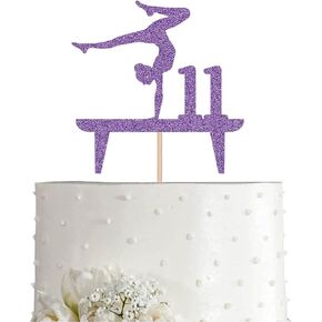 Purple Gymnastic 11 Cake Topper, Girl Rose Gold Glitter Gymnast 11th Birthday Party Decoration