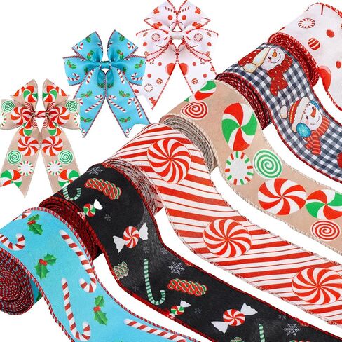 30 Yards Christmas Wired Edge Ribbons Peppermint Candy Canes Swirl Satin Wired Edge Ribbons Round Lollipop Gingerbread Man Stripe Ribbon Burlap Plaid Wired Ribbon for Xmas Wreath Decor (Santa Claus) in Saudi Arabia