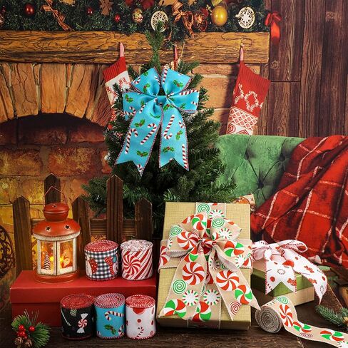 30 Yards Christmas Wired Edge Ribbons Peppermint Candy Canes Swirl Satin Wired Edge Ribbons Round Lollipop Gingerbread Man Stripe Ribbon Burlap Plaid Wired Ribbon for Xmas Wreath Decor (Santa Claus) in Saudi Arabia