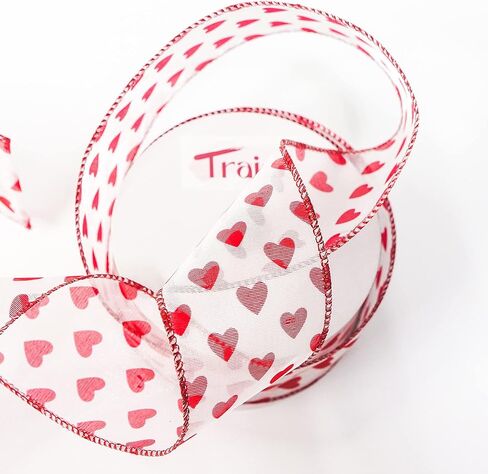 ترايكو أورجانزا مع شريط سلكي على شكل قلب أحمر لامع لديكور المنزل، تغليف الهدايا، الحرف اليدوية، 2.5 بوصة × 10 ياردات × 1 لفة in Kuwait