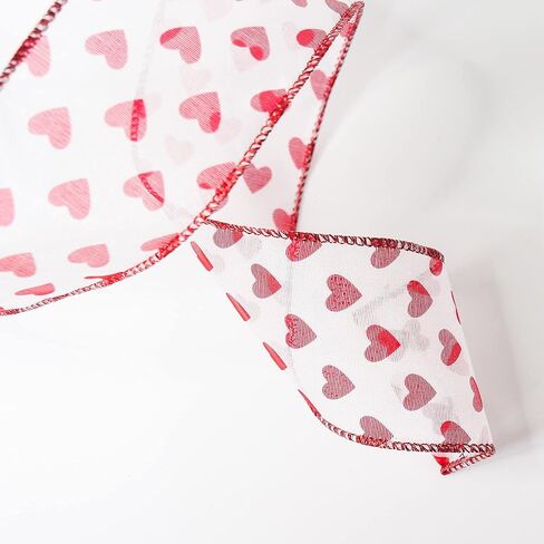 ترايكو أورجانزا مع شريط سلكي على شكل قلب أحمر لامع لديكور المنزل، تغليف الهدايا، الحرف اليدوية، 2.5 بوصة × 10 ياردات × 1 لفة in Kuwait