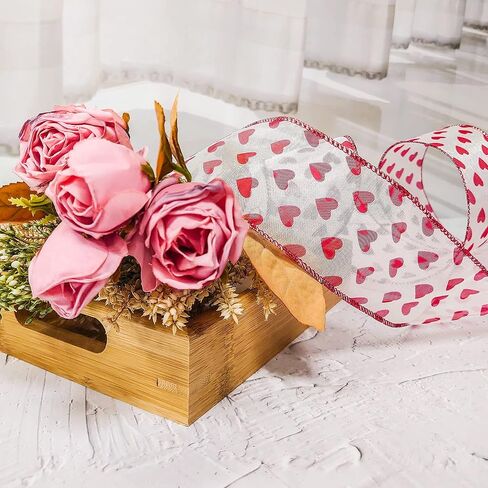 ترايكو أورجانزا مع شريط سلكي على شكل قلب أحمر لامع لديكور المنزل، تغليف الهدايا، الحرف اليدوية، 2.5 بوصة × 10 ياردات × 1 لفة in Kuwait