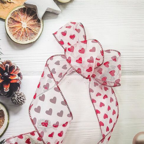 ترايكو أورجانزا مع شريط سلكي على شكل قلب أحمر لامع لديكور المنزل، تغليف الهدايا، الحرف اليدوية، 2.5 بوصة × 10 ياردات × 1 لفة in Kuwait