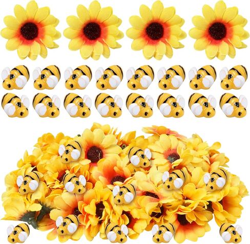واي زد زد اس جيه سي 50 قطعة ديكور نحل صغير من الراتنج مع 50 قطعة من رؤوس عباد الشمس الصفراء من الحرير الصناعي، على شكل نحلة طنانة، قماش مزخرف بالزهور وعباد الشمس، مواد ديكور يمكنك صنعها بنفسك للحديقة in Kuwait