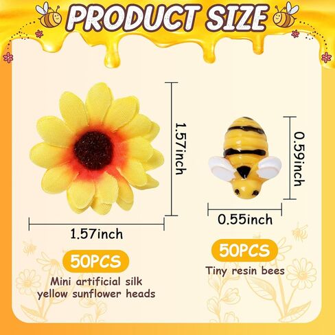 واي زد زد اس جيه سي 50 قطعة ديكور نحل صغير من الراتنج مع 50 قطعة من رؤوس عباد الشمس الصفراء من الحرير الصناعي، على شكل نحلة طنانة، قماش مزخرف بالزهور وعباد الشمس، مواد ديكور يمكنك صنعها بنفسك للحديقة in Kuwait