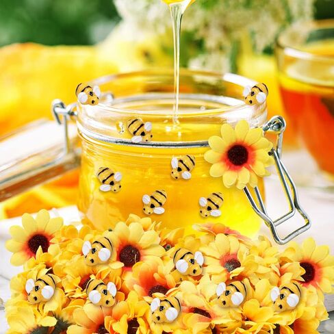 واي زد زد اس جيه سي 50 قطعة ديكور نحل صغير من الراتنج مع 50 قطعة من رؤوس عباد الشمس الصفراء من الحرير الصناعي، على شكل نحلة طنانة، قماش مزخرف بالزهور وعباد الشمس، مواد ديكور يمكنك صنعها بنفسك للحديقة in Kuwait