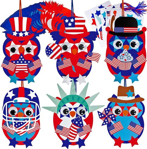 Winlyn 36 Sets 4th of July Craft Kits Patriotic Crafts DIY Owl Ornaments Decorations Art Sets Owl Shapes with Red White Blue USA Flag Patriotic Star Stickers for Kids Party Classroom Activities in Saudi Arabia
