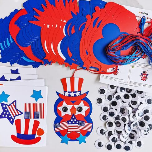 Winlyn 36 Sets 4th of July Craft Kits Patriotic Crafts DIY Owl Ornaments Decorations Art Sets Owl Shapes with Red White Blue USA Flag Patriotic Star Stickers for Kids Party Classroom Activities in Saudi Arabia