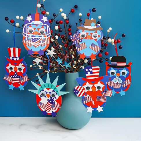 Winlyn 36 Sets 4th of July Craft Kits Patriotic Crafts DIY Owl Ornaments Decorations Art Sets Owl Shapes with Red White Blue USA Flag Patriotic Star Stickers for Kids Party Classroom Activities in Saudi Arabia