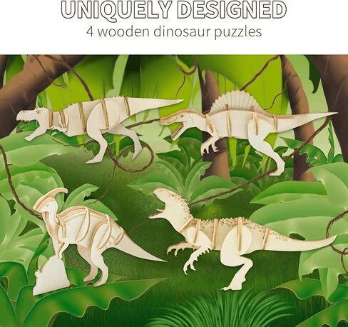 لغز ديناصور خشبي ثلاثي الأبعاد يمكنك صنعه يدويًا مكون من 4 قطع مجموعة نماذج تجميع الديناصورات الخشبية - لعبة ألغاز تعليمية الجذعية للأطفال والكبار والمراهقين والأولاد والبنات in Kuwait