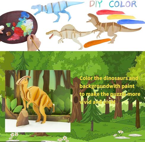 لغز ديناصور خشبي ثلاثي الأبعاد يمكنك صنعه يدويًا مكون من 4 قطع مجموعة نماذج تجميع الديناصورات الخشبية - لعبة ألغاز تعليمية الجذعية للأطفال والكبار والمراهقين والأولاد والبنات in Kuwait