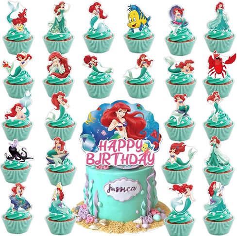 25 قطعة من ديكورات الكيك بتصميم حورية البحر الصغيرة ارييل بتصميم حورية البحر الصغيرة اللطيفة، زينة كب كيك عيد ميلاد بتصميم كرتوني على شكل ارييل للاولاد والبنات in Kuwait