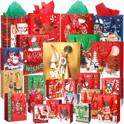 RMJOY Christmas Gift Bags Bulk: 24 Pcs Christmas Gift Wrap Bags With Large Medium Small 3 Sizes Kit Set Holiday Gift Bags With Christmas Tissue Paper and Tag Christmas Goodie Bags Party Supplies in Kuwait