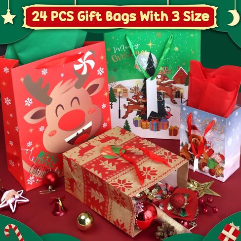 RMJOY Christmas Gift Bags Bulk: 24 Pcs Christmas Gift Wrap Bags With Large Medium Small 3 Sizes Kit Set Holiday Gift Bags With Christmas Tissue Paper and Tag Christmas Goodie Bags Party Supplies in Kuwait
