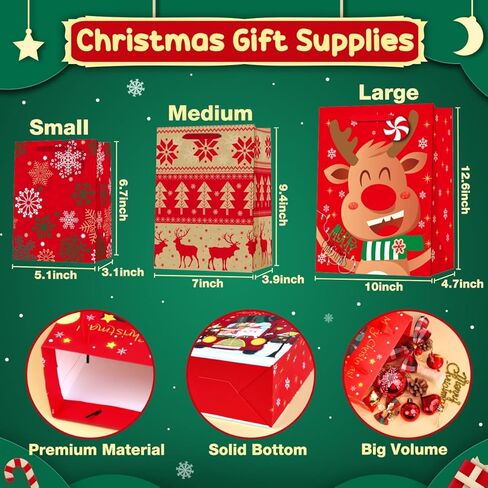 RMJOY Christmas Gift Bags Bulk: 24 Pcs Christmas Gift Wrap Bags With Large Medium Small 3 Sizes Kit Set Holiday Gift Bags With Christmas Tissue Paper and Tag Christmas Goodie Bags Party Supplies in Kuwait