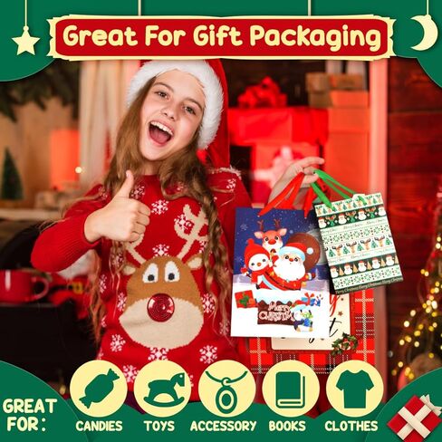 RMJOY Christmas Gift Bags Bulk: 24 Pcs Christmas Gift Wrap Bags With Large Medium Small 3 Sizes Kit Set Holiday Gift Bags With Christmas Tissue Paper and Tag Christmas Goodie Bags Party Supplies in Kuwait