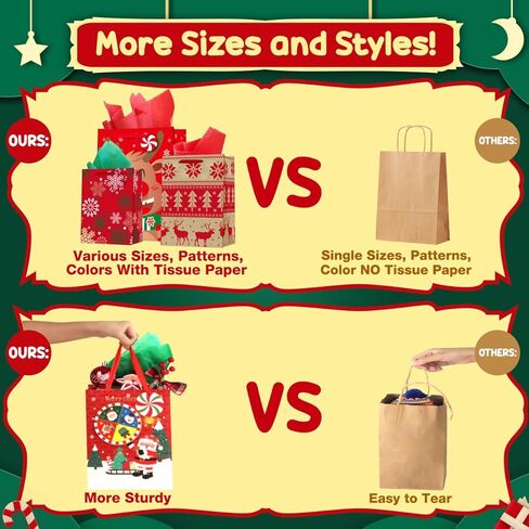 RMJOY Christmas Gift Bags Bulk: 24 Pcs Christmas Gift Wrap Bags With Large Medium Small 3 Sizes Kit Set Holiday Gift Bags With Christmas Tissue Paper and Tag Christmas Goodie Bags Party Supplies in Kuwait