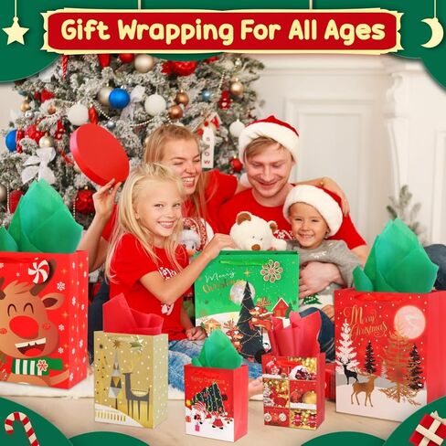 RMJOY Christmas Gift Bags Bulk: 24 Pcs Christmas Gift Wrap Bags With Large Medium Small 3 Sizes Kit Set Holiday Gift Bags With Christmas Tissue Paper and Tag Christmas Goodie Bags Party Supplies in Kuwait