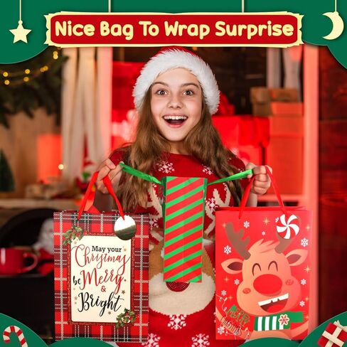 RMJOY Christmas Gift Bags Bulk: 24 Pcs Christmas Gift Wrap Bags With Large Medium Small 3 Sizes Kit Set Holiday Gift Bags With Christmas Tissue Paper and Tag Christmas Goodie Bags Party Supplies in Kuwait