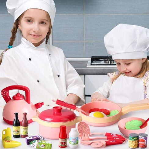 30 قطعة من لعبة المطبخ التظاهري للأطفال من kramow، مجموعة ألعاب الطبخ مع ملحقات المطبخ، مجموعة ألعاب أواني الطبخ والمقالي، لعبة ألعاب الطعام أواني الطبخ، هدايا تعليمية للأولاد والبنات 3 سنوات + (وردي) in Kuwait