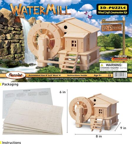Puzzled 3D Puzzle Water Mill Set Wood Craft Construction Model Kit, Fun & Educational DIY Wooden Toy Assemble Model Unfinished Crafting Hobby Puzzle to Build and Paint for Decoration 65 Pieces Pack in Saudi Arabia