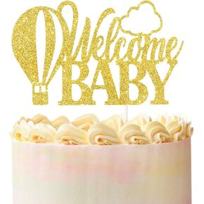 Welcome Baby Cake Topper/ Hot Air Balloons Birthday Party/ Vintage Balloon/For Baby Shower/Gender Reveal Party/Double Sided Gold Glitter Cardstock.
