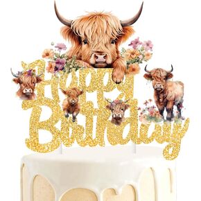 Highland Cow Birthday Cake Topper Gold Glitter Highland Cow Birthday Party Decorations Brown Cow Cake Topper Highland Cow Birthday Cake Decorations for Western Highland Cow Baby Shower Supplies