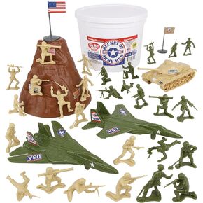 TimMee Bucket of Army Men - OD Green vs. Tan 54pc Soldier Playset - Made in USA