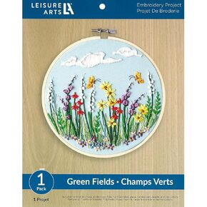 LEISURE ARTS Embroidery Kit for Beginners - Green Fields - Cross Stitch Kit for Adults - Includes 8'' Hoop & Pattern