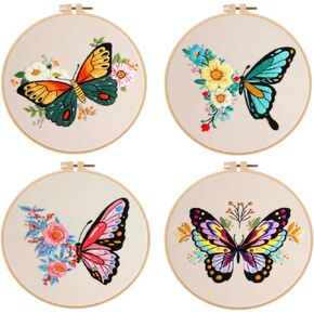 Yutaohui 4 Sets Butterfly Embroidery Kit for Adults with 2 Bamboo Hoop,Beginners Butterfly Flowers Embroidery Kits for Adults, Butterfly Embroidery Kits for Starter..