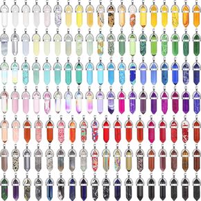Jexine 130 Pcs Crystal Pendants Bulk Hexagonal Natural Gemstone Pendants Necklace Chakra Quartz Bullet Shape with Storage Bag for DIY Jewelry Making(Vibrant Color)