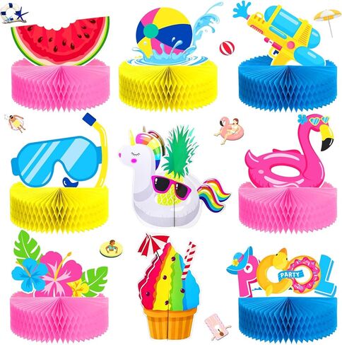 9 Pcs Summer Pool Honeycomb Centerpieces Pool Party Decorations Beach Party Supplies 3D Double Side Watermelon Honeycomb Flamingo Paper Signs for Baby Shower Hawaiian Luau Party Supplies in Saudi Arabia