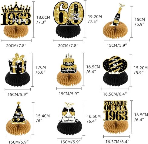 NICOWARM 9PCS 60th Birthday Decorations, Party Supplies Honeycomb Centerpieces for Women Men, Black Gold Vintage 1963 Aged to Perfection Centerpiece for Table Topper, 60 Years Old Birthday Table Sign Decor in Kuwait