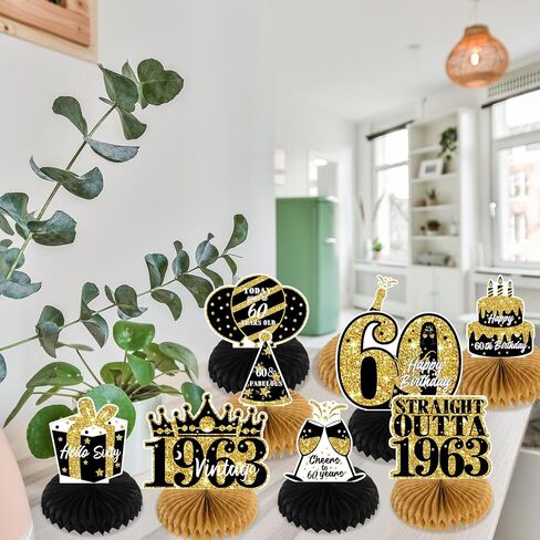 NICOWARM 9PCS 60th Birthday Decorations, Party Supplies Honeycomb Centerpieces for Women Men, Black Gold Vintage 1963 Aged to Perfection Centerpiece for Table Topper, 60 Years Old Birthday Table Sign Decor in Kuwait