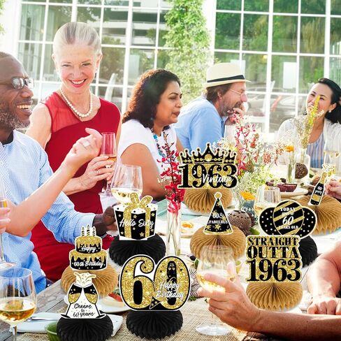 NICOWARM 9PCS 60th Birthday Decorations, Party Supplies Honeycomb Centerpieces for Women Men, Black Gold Vintage 1963 Aged to Perfection Centerpiece for Table Topper, 60 Years Old Birthday Table Sign Decor in Kuwait