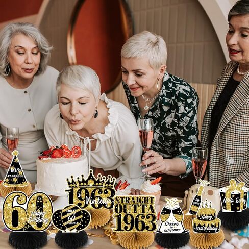 NICOWARM 9PCS 60th Birthday Decorations, Party Supplies Honeycomb Centerpieces for Women Men, Black Gold Vintage 1963 Aged to Perfection Centerpiece for Table Topper, 60 Years Old Birthday Table Sign Decor in Kuwait