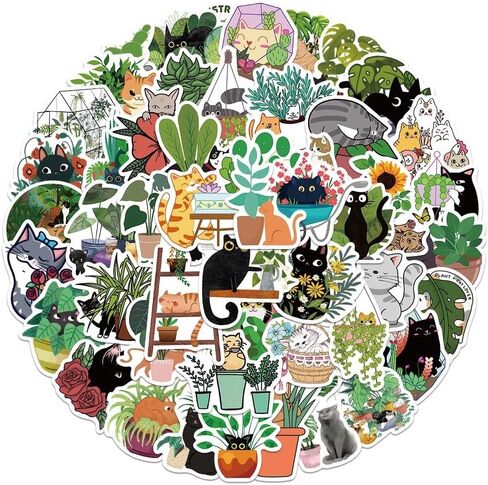 DAVANPAL 50PCS Cat & Plants Stickers, Vsco Ins Aesthetic Boho Stickers, Lovely Vinyl Scrapbook Sticker Pack for Junk Journal Water Bottles Laptop,Vintage Deco Decoupage Paper for Furniture in Kuwait