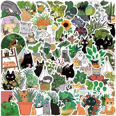 DAVANPAL 50PCS Cat & Plants Stickers, Vsco Ins Aesthetic Boho Stickers, Lovely Vinyl Scrapbook Sticker Pack for Junk Journal Water Bottles Laptop,Vintage Deco Decoupage Paper for Furniture in Kuwait