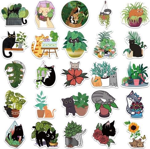 DAVANPAL 50PCS Cat & Plants Stickers, Vsco Ins Aesthetic Boho Stickers, Lovely Vinyl Scrapbook Sticker Pack for Junk Journal Water Bottles Laptop,Vintage Deco Decoupage Paper for Furniture in Kuwait