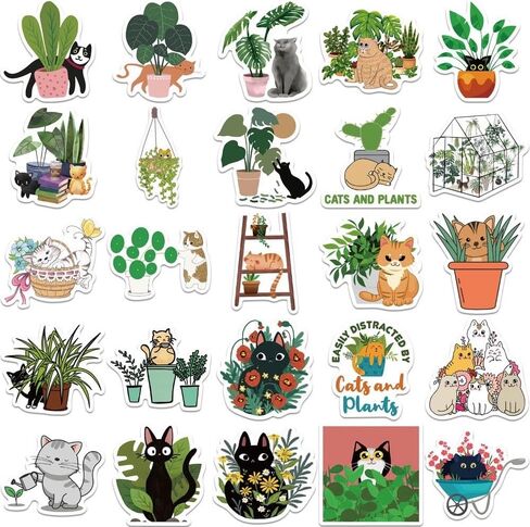 DAVANPAL 50PCS Cat & Plants Stickers, Vsco Ins Aesthetic Boho Stickers, Lovely Vinyl Scrapbook Sticker Pack for Junk Journal Water Bottles Laptop,Vintage Deco Decoupage Paper for Furniture in Kuwait