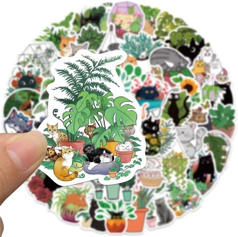 DAVANPAL 50PCS Cat & Plants Stickers, Vsco Ins Aesthetic Boho Stickers, Lovely Vinyl Scrapbook Sticker Pack for Junk Journal Water Bottles Laptop,Vintage Deco Decoupage Paper for Furniture in Kuwait