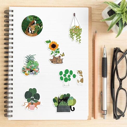 DAVANPAL 50PCS Cat & Plants Stickers, Vsco Ins Aesthetic Boho Stickers, Lovely Vinyl Scrapbook Sticker Pack for Junk Journal Water Bottles Laptop,Vintage Deco Decoupage Paper for Furniture in Kuwait