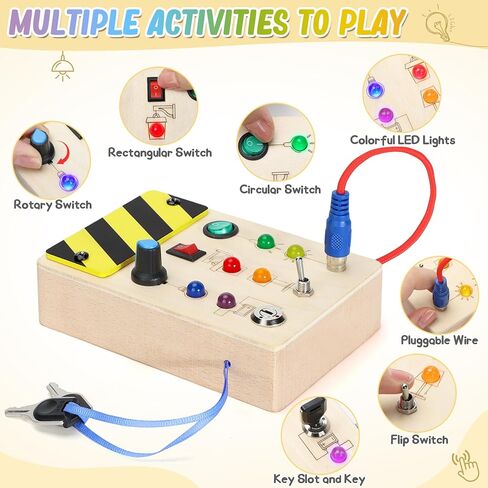 URMYWO طفل مشغول مجلس مونتيسوري ألعاب خشبية مع مفاتيح الإضاءة LED الألعاب الحسية أنشطة السفر لعب ل 1 2 3 4 سنة بنين بنات عيد الميلاد هدية عيد ميلاد للأطفال in Kuwait