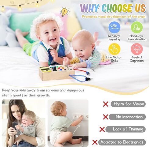 URMYWO طفل مشغول مجلس مونتيسوري ألعاب خشبية مع مفاتيح الإضاءة LED الألعاب الحسية أنشطة السفر لعب ل 1 2 3 4 سنة بنين بنات عيد الميلاد هدية عيد ميلاد للأطفال in Kuwait
